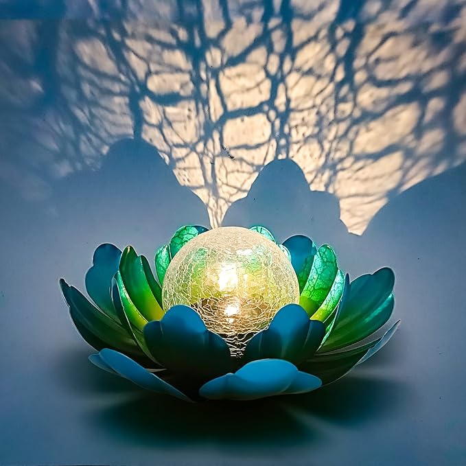 WNP Solar Powered Outdoor Decorative Lights Waterproof Lotus Flower with Crackle Glass Globe and Metal Base for Garden Patio Pathway Yard Tabletop Decor,Birthday Gift for Mom Sister Grandma