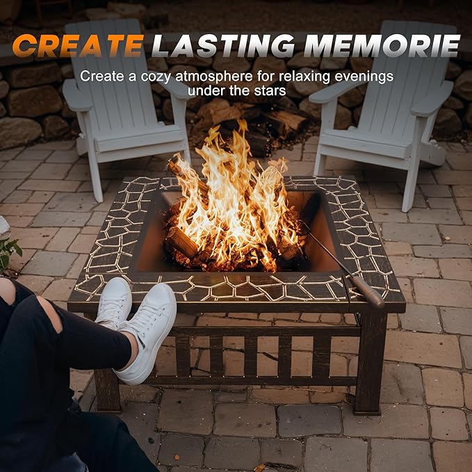 Devoko Outdoor Fire Pit, 32 Inch Firepit Table Metal Outdoor Fireplaces with Waterproof Cover for Outside Patio Camping (Silver)