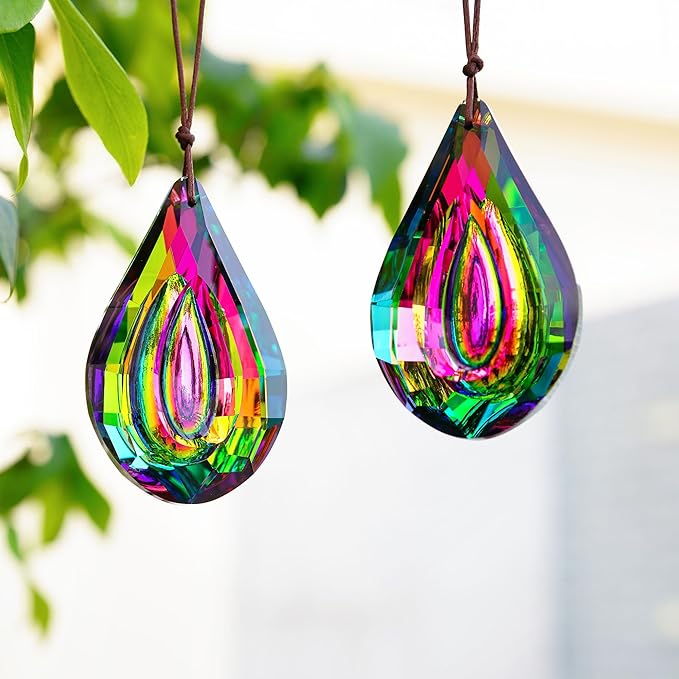 HDCRYSTALGIFTS Set 2 Crystal Prisms Suncatchers for Windows,76mm Rainbow Sun Catcher Glass Hanging Prisms Suncatcher Pendant for Home Garden Decor (Single Face Colorful)