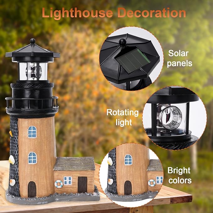 Solar Lighthouse with Rotating Beacon,11.1" Outdoor Garden Lighthouse Decor,Waterproof Statue Light House Lamp for Yard Lawn Patio Gifts