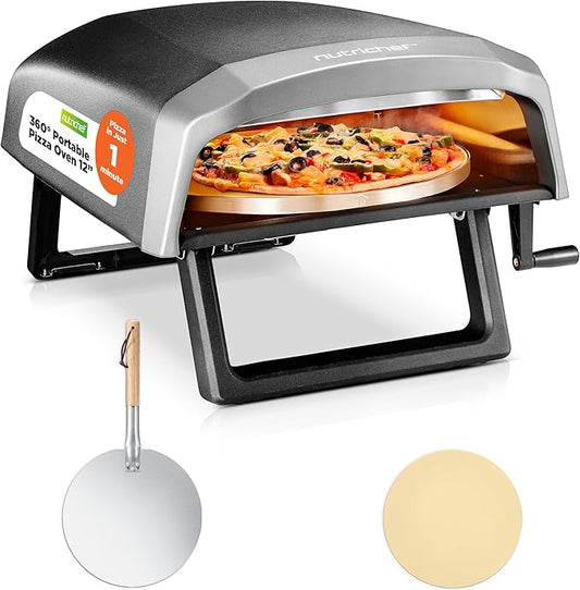 NutriChef Outdoor Pizza Oven with 360° Rotating Pizza Stone | Adjustable Heat Control Dial, Includes Pizza Peel, Stone & Regulator with Hose | Cooks 12" Pizza in 60 seconds | 25.2 x 16.1 x 14 IN