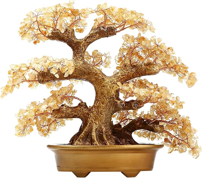 Feng Shui Money Tree Large Pine Tree Style Crystal Quartz Lucky Tree Gem Tree for Office Home Feng Shui Decoration for Wealth/Fortune and Luck (Yellow)