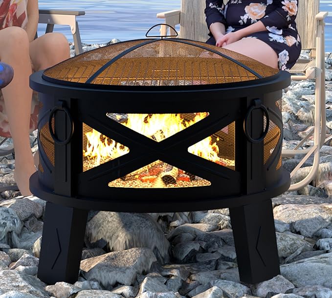 Fire Beauty 26"Steel Fire Pit with Grill Grate&Spark Screen,360° Airflow Boost Technology,Less Smoke,Larger Flames,Heavy-Duty Portable Camping Fire Pit for Backyard,Beach,RV (22lbs,4 Handles,Dual-Use)