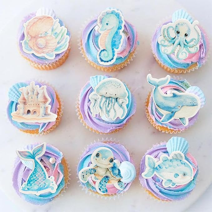 Ephlyn 54Pcs Edible Ocean Animal Cupcake Toppers Wafer Paper Octopus Dolphin Turtle Crab Mermaid Tail Cake Picks for Under the Sea theme Birthday Party Supplies Pink Blue