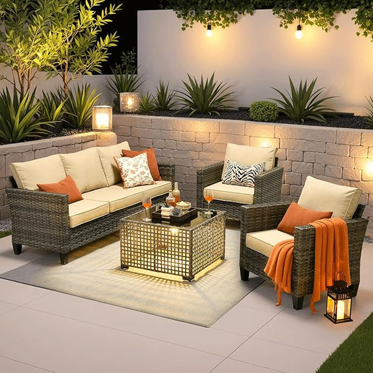ovios 4 Pieces Patio Furniture Set Outdoor Sofa Couch with Solar Lights Table Comfy Cushions, Modern Deep Seat Wicker Rattan Conversation Set for Porch Deck, Beige