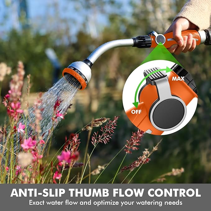 RESTMO Watering Wand Heavy Duty, Metal Garden Hose Wand with 10 Spray Patterns, 15-Inch Long Hose Nozzle Sprayer with Thumb Flow Control, Ideal to Water Hanging Baskets and Shrubs, Orange