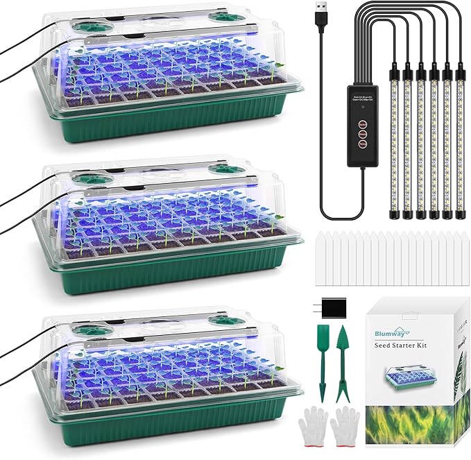 Seed Starter Tray with Grow Light,3 Pack 120 Cells Seedling Tray with Humidity Dome/Indoor Grow Kit for Deep-Rooted Seedlings,Adjustable/Timed Light Plant Starter Set