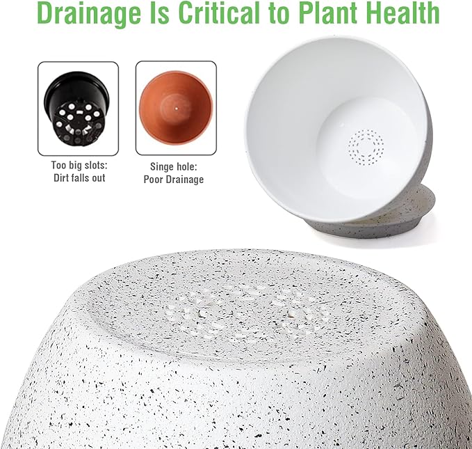 12/10/9 Large Modern Plant Pots, Plastic Planters with Drainage Holes and Saucers for Indoor Outdoor Plants Flowers, White Speckles