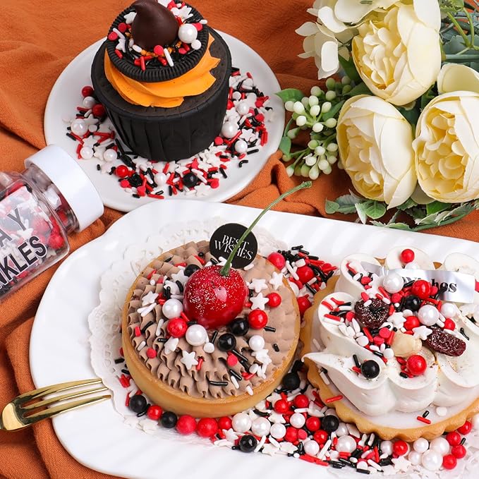 Red White and Black Sprinkles for Cake Decorating, Edible Sprinkle Mix, Perfect for Cake Decorations, Baking, Ice Cream, Cookies, Cupcake Toppers