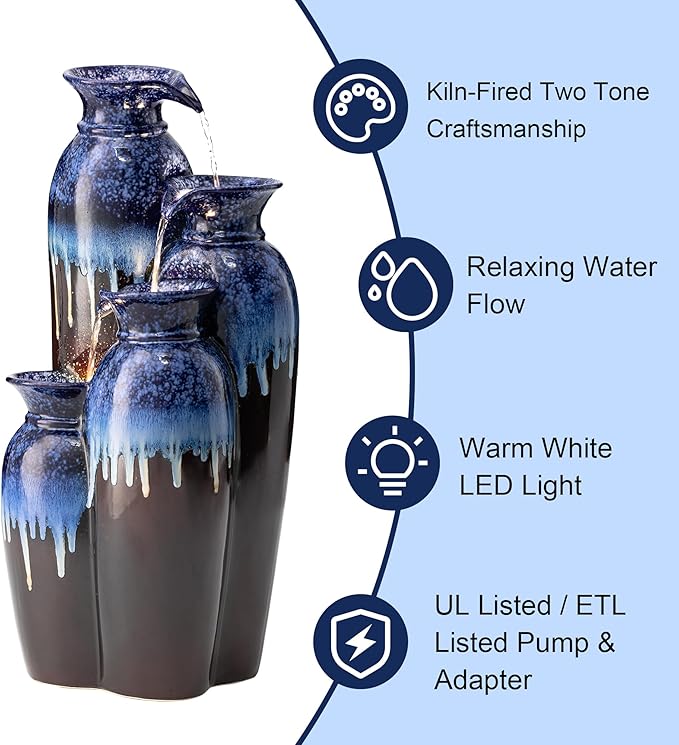 Glitzhome 30.75" H Vase Ceramic Outdoor Water Fountain with LED Lights and Pump, 4-Tier Cobalt Blue and Brown Reactive Glaze Cascading Pots Standing Fountain for Porch Deck Garden Patio Backyard