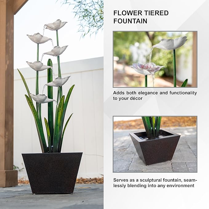 XBrand Freestanding Sculptural Metal Multi-Tiered Flower Water Fountain, w/LED Lights, Multicolored, 39" Tall