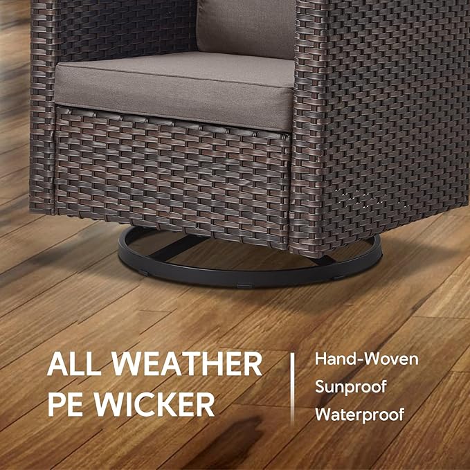 7 Piece Wicker Patio Furniture Set - Outdoor Swivel Rocker Chairs Set with Coffee Table, Side Table, 3 Seat Sofa & Ottomans, Small Patio Conversation Sets for Balcony Deck - Brown/Grey