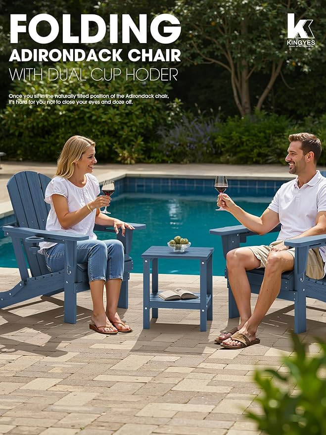 KINGYES Folding Adirondack Chair Set of 2, Dual Cup Holders & All-Weather HDPE, Wood-Like Patio Chair for Backyard, Camping, Pool & Fire Pit, Navy