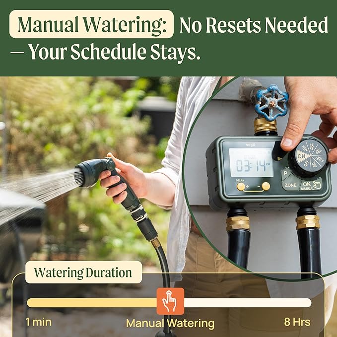 Vego 2 Zone Sprinkler Timer with Brass Inlet- Watering Timer for Garden Hose with Dual Channel Programmable Rain Delay/Manual Watering/Automatic Irrigation - Water Hose Timer for Yard Lawn