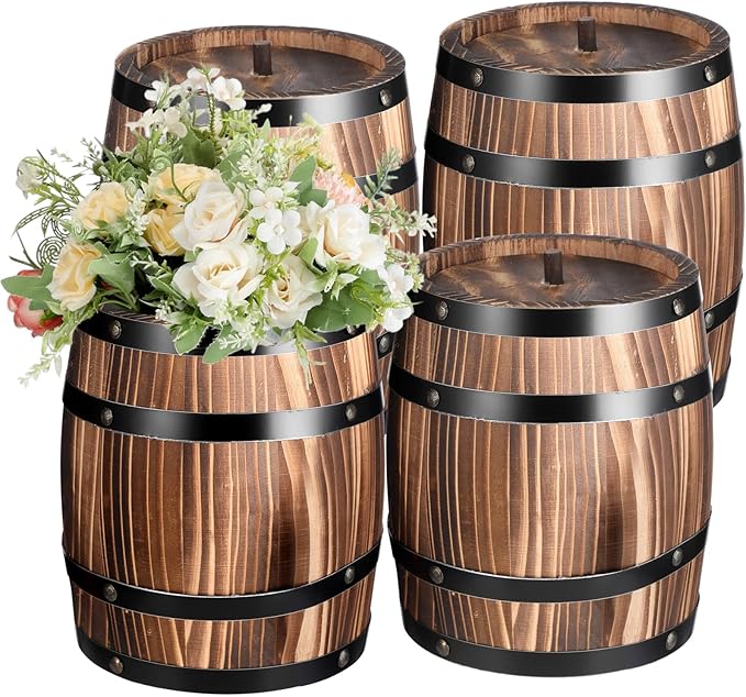 4 Pcs Wood Wine Barrel Vase 8" x 6.5" Vintage Flower Vase Container Rustic Barrel Planter for Wedding Reception Table Decoration Home Indoor Outdoor Garden Kitchen Party