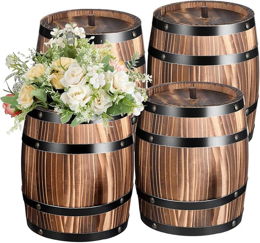 4 Pcs Wood Wine Barrel Vase 8" x 6.5" Vintage Flower Vase Container Rustic Barrel Planter for Wedding Reception Table Decoration Home Indoor Outdoor Garden Kitchen Party