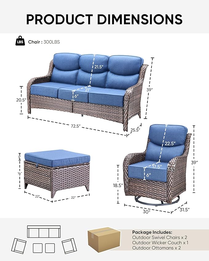 HUMMUH Wicker Patio Furniture Set 6 Inch Thick Cushion Outdoor Swivel Rocker Patio Chairs with Deep Seat Sofa 5PCS Outdoor Furniture Set for Porch Garden Deck