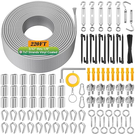 220 FT 1/8" Wire Rope Kit, 304 Stainless Steel Cable with M5 Turnbuckles for Cables Wire, Vinyl Coated String Lights Hanging Wires for Outdoor Camping, Trellis, Garden, Clothes line, Curtain, Festival
