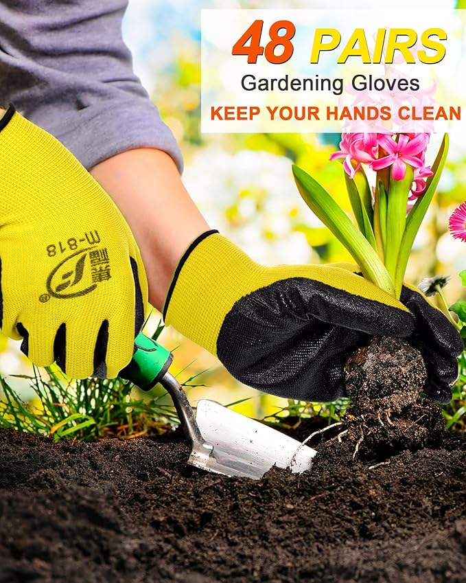 Nuogo 48 Pairs Gardening Gloves for Men Women Rubber Coated Safety Work Gloves Bulk for Gardening Construction Work