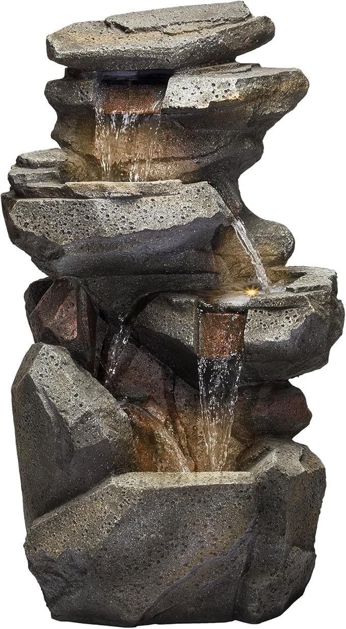 Alpine Corporation WIN1184 40" 3-Tier Outdoor Rock Waterfall Floor Fountain with Color-Changing LED Lights, Cascading Water Feature for Gardens, Patios, and Yards, Gray