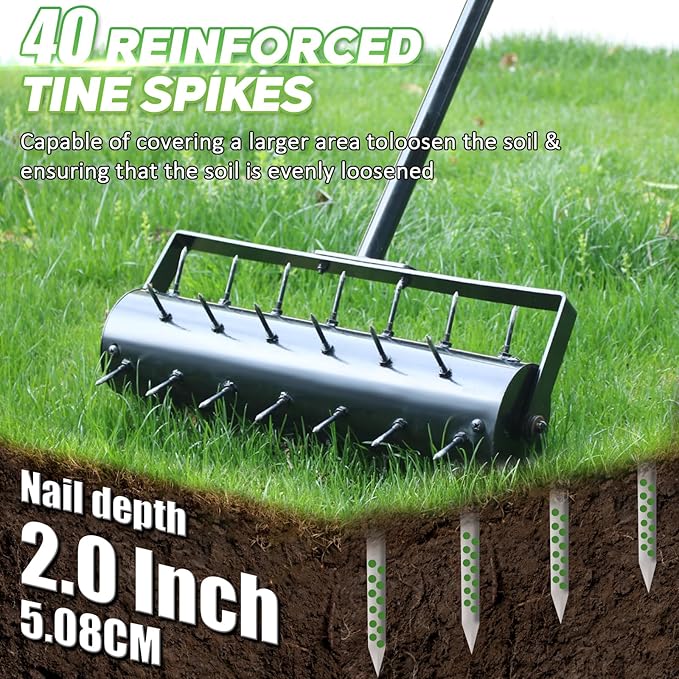 Rolling Lawn Aerator, 42 Spikes Pre-Assembled, Heavy Duty Grass Aerator Tool with Adjustable Handle, Push Grass Aerator for Lawn Care and Healthy Growth