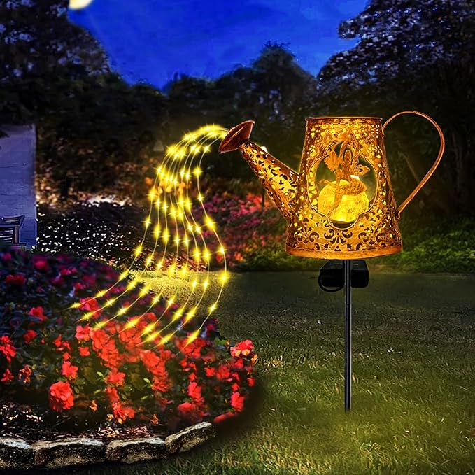 VOOKRY Solar Watering Can with Lights, Outdoor Garden Solar Lights Pathway Stake Lights Waterfall Fairy Lights Decorative Lights for Walkway, Yard, Lawn, Patio, Gardening gifts for Women, Mother's Day