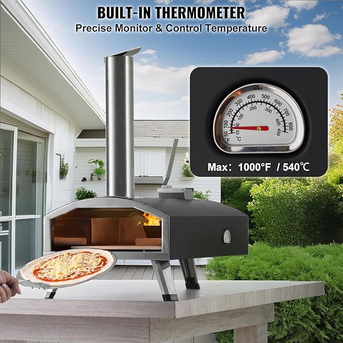 VEVOR OUTDOOR Pizza Oven, 12 Inch Wood Fired Pizza Ovens, Pellet Pizza Stove with Thermometer, Portable Pizza Maker for Outside Backyard Patio Camping, Pizza Stone, Carry Bag, Shovel, Black