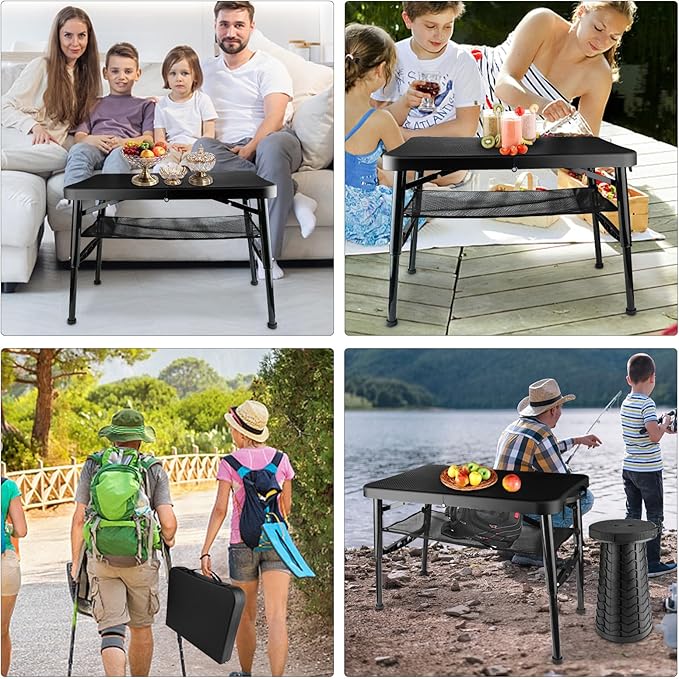 Folding Table and Stool, Small, Black, 4 Foot Outdoor Portable Table, Adjustable Height, Camping, Picnic, RV Table, 55lbs Load-Bearing, Lightweight