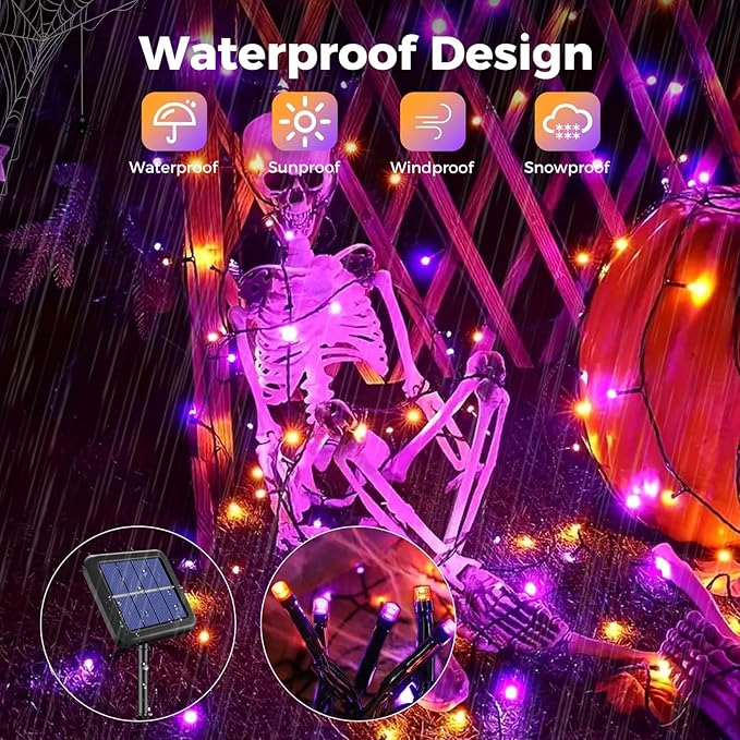 btfarm 4 Pack Solar Halloween String Lights Outdoor, 480LED 156Ft Orange Purple Solar Lights Waterproof Outside, 8 Modes Tree Twinkle Light Solar Powered for Garden Yard Patio Party Decorations