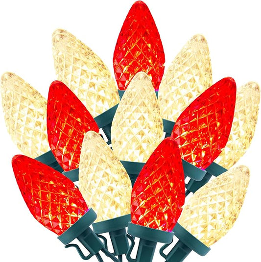 Brightown C9 LED Christmas String Lights, 66ft 100 LED Waterproof Strawberry String Lights, Plug-in Extendable Green Wire Lights String for Outdoor Outside Patio Party Decoration, Red and Warm White