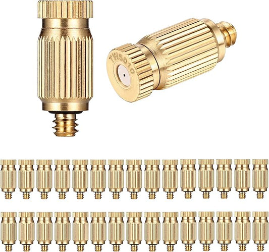 Mornajina 30 Packs Brass Misting Nozzles Mister Replacement Nozzles for Outdoor Cooling System, Misting System Heads Sprayer 0.020" (0.5 mm) 10-24 UNC, High Pressure