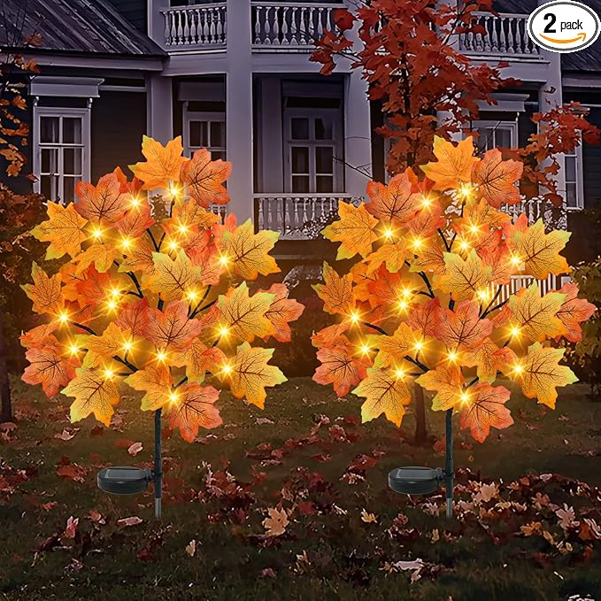 TORONTOKYO 2 Pack Fall Solar Outdoor Lights, Fall Decor 40 LED Maple Leaves Solar Stake Light with 8 Modes, Waterproof Fall Garden Lights Thanksgiving Decorations for Autumn Yard Pathway Outside