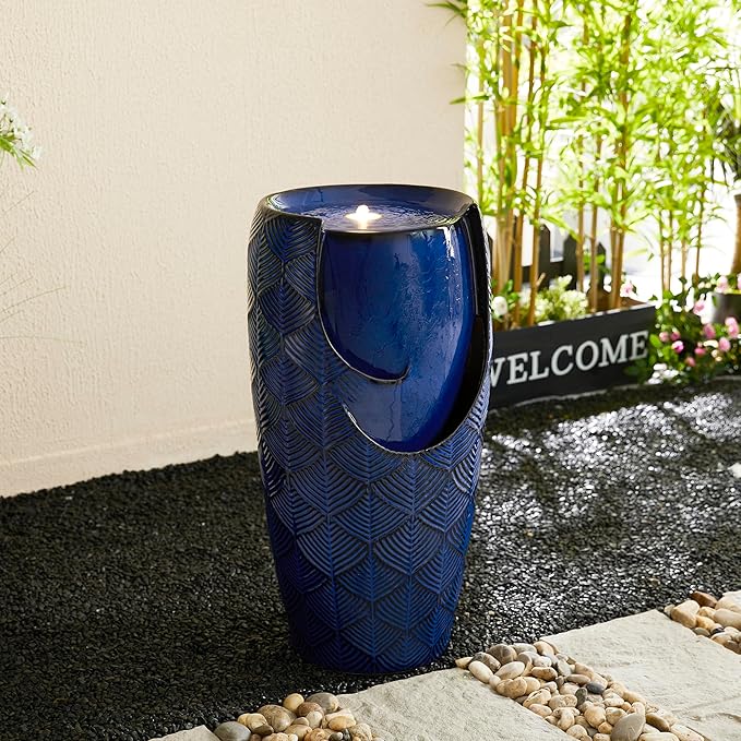 Glitzhome 29.25" H Oversized Ceramic Vase Outdoor Water Fountain, Tall Scale-Like Textured Glaze Patio Garden Water Fountain with LED Light and Submersible Pump Yard Art Decor, Cobalt Blue