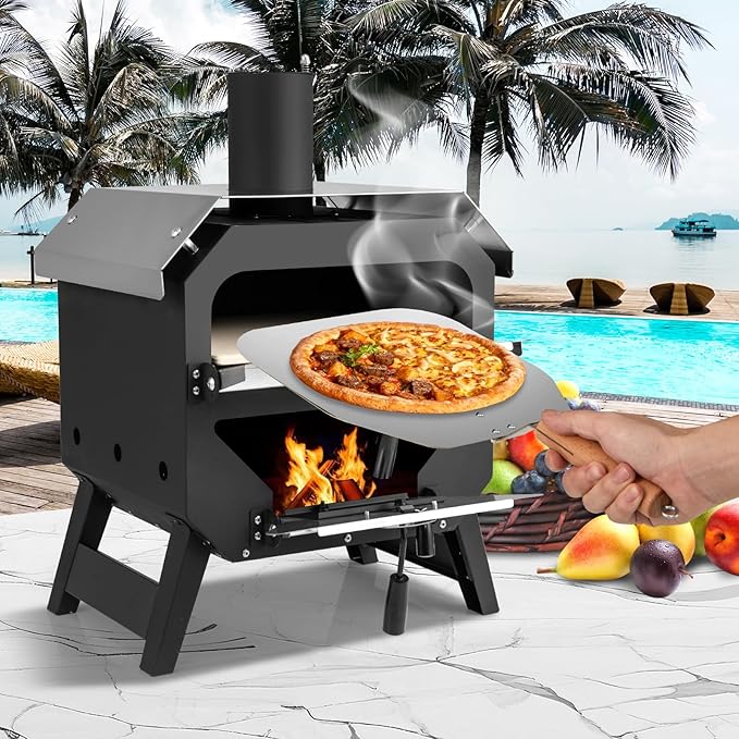 Happygrill Pizza Oven Outdoor, 12” Portable Wood-Fired Pizza Stove with Pizza Stone, Pizza Peel & Oxford Cloth Cover, Multi-Fuel Pizza Maker with Stainless Steel Roof for Patio Backyard Camping BBQ