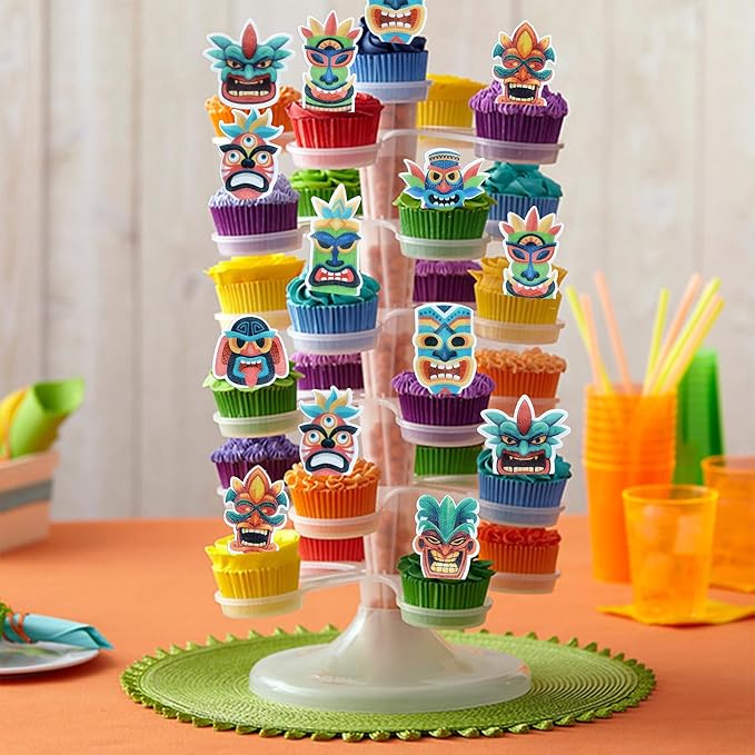 Ephlyn 54Pcs Edible Tiki Tribal Masks Cupcake Toppers Wafer Paper Hawaiian Tropical Tiki Totem Cupcake Picks Summer Aloha Birthday Cupcake Decorations Party Supplies Multicolor
