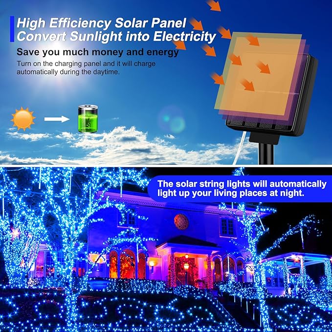 Brightever Outdoor Solar String Lights Waterproof, 2-Pack Total 80FT 200LED Solar Fairy Lights for Outside with 8 Lighting Modes, Solar Twinkle Lights for Yard, Christmas, Party (Blue)