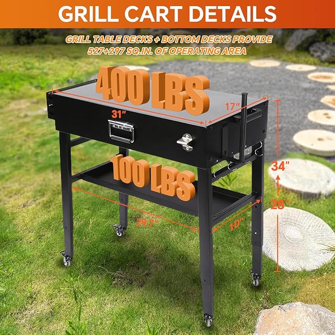 Grill Table for Ninja Woodfire OG700, Foldable Grill Cart for Blackstone, Weber, Ooni Pizza Oven, Upgraded Portable Outdoor Grill Stand, Adjustable Height, with Caddy, Paper Towel Holder, 4 Wheels