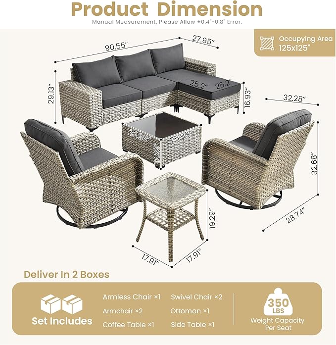 HOOOWOOO Outdoor Sectional Furniture Set,8 Pieces Wicker Patio Conversation Sets,L Shape All Weather Outside Couch Sofa Set with Swivel Chairs Solar Light Table Ottoman,Black