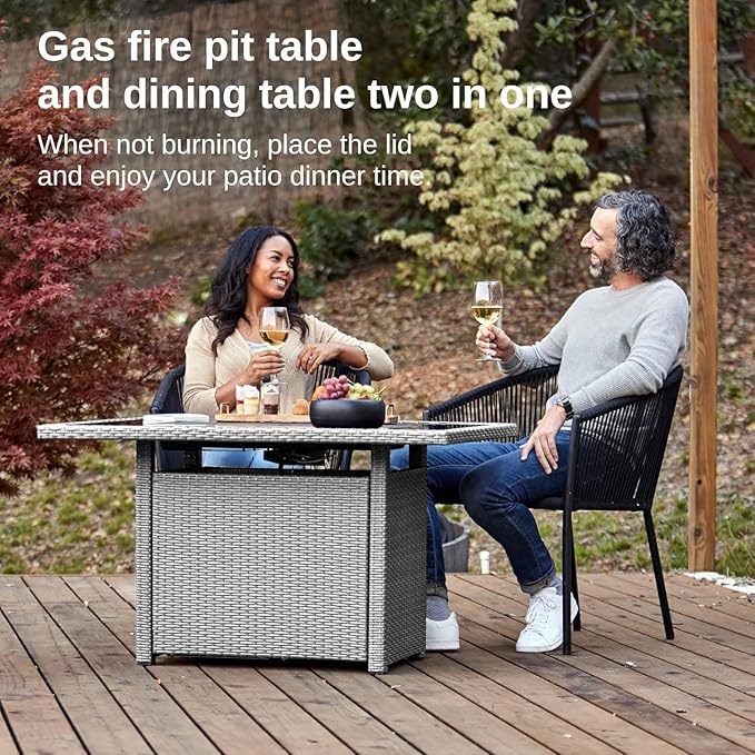 EAST OAK 44'' Propane Fire Pit Table, 60,000 BTU Gas Fire Table w/Aluminum Frame, H Type Burner and Tempered Glass Tabletop, CSA Listed Outdoor Patio Firepit, Fire Glass and Lid, Grey