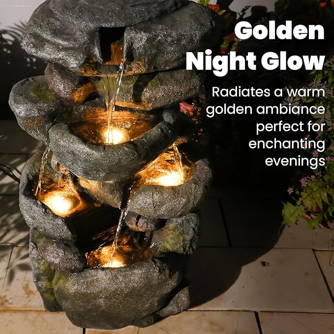 Outdoor Water Fountain 4-Tiers Rock Cascading Indoor Floor-Standing Resin Bubbler Fountain Features Garden, Patio, Yard, Lawn and Home Art Decor, 29“H