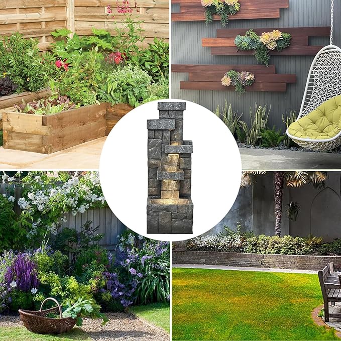 Garden Fountains Outdoor Water Fountain - 44.5 Inches 4 Tired Modern Indoor Floor Standing Outdoor Fountain with Lights Pump for Garden Patio Backyard Porch Home Art Decor, Dark Gray