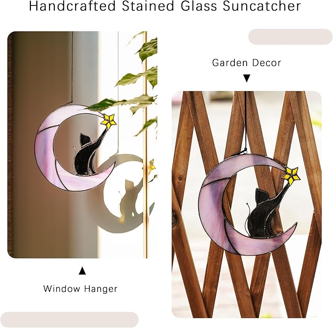 HDCRYSTALGIFTS 6.5'' Black Cat Decor on Purple Moon Stained Glass Window Hanging Suncatcher,Wall Art Glass Window Panel Sun Catcher,Halloween Ornament Decoration Memorial Gift for Lover Cat Loss