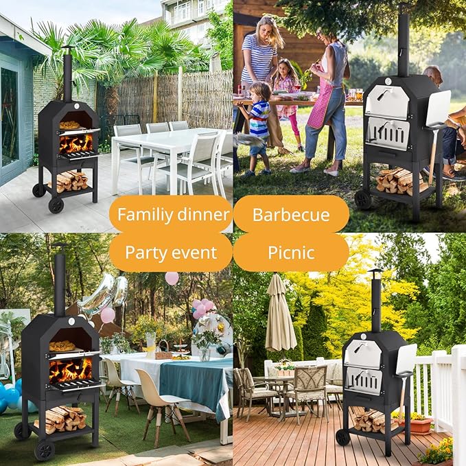 Outvita Outdoor Pizza Oven, Wood Fired Pizza Oven with Adjustable Chimney, Wheels, Pizza Stone, Pizza Peel, Grill Rack for Patio Cooking Picnic Party