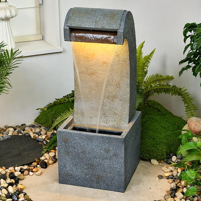 35.83'' Outdoor Garden Cascading Stone Floor-Standing Waterfall Fountain with LED Lights for Patio, Backyard, Deck, Porch and Home Art Decor
