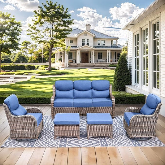 HUMMUH Wicker Patio Furniture Set 6 Inch Thick Cushion Outdoor Swivel Rocker Patio Chairs with Deep Seat Sofa 5PCS Outdoor Furniture Set for Porch Garden Deck