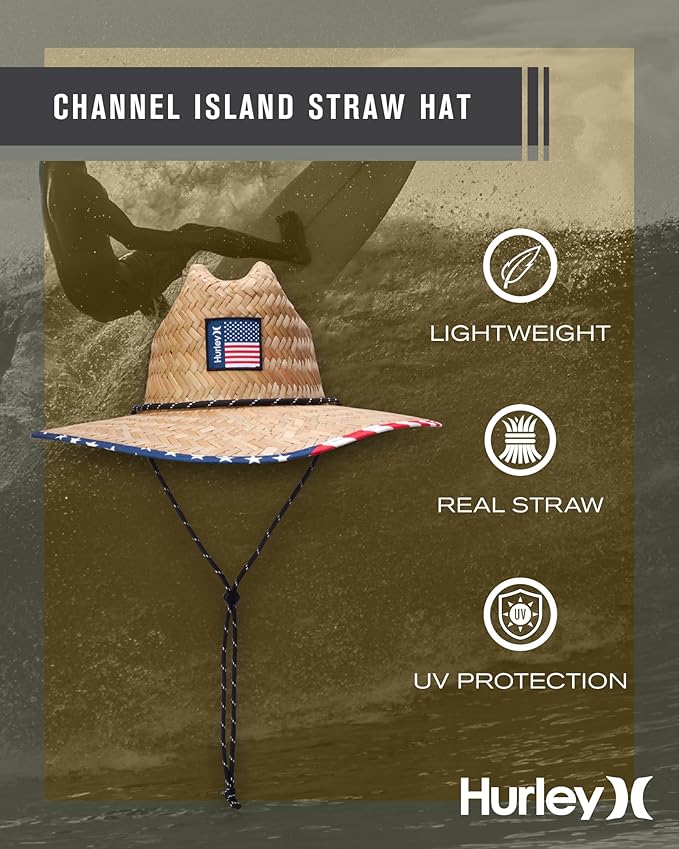 Hurley Men's Straw Hat - Wide Brim Channel Island Lifeguard Hat - Stylish Sun Hats for Men with Chin Strap