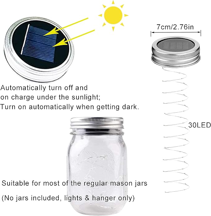 Solar Mason Jar Lid Lights, 10 Pack 30 LED Waterproof Firefly Fairy Lights with Hangers(No Jars), Outdoor Starry String Lights for Patio Yard Garden Wedding Lantern Decor (Mixed Color)
