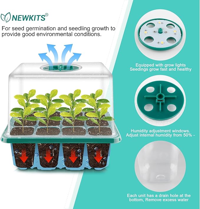 Seed Starter Tray with Grow Light, Seed Starter Kit, Plant Germination Starting Trays with Humidity Dome and Base for Greenhouse Grow Wheatgrass Hydroponic(12 Cells per Tray)(with Grow Lights)