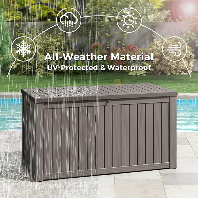 KAMABOKO Outdoor Storage Box, 150 Gallon Large Outdoor Resin Deck Box, Storage Waterproof Boxes Lockable Lid for Garden Tools, Pool Supplies, Patio Furniture and Cushions, Grey