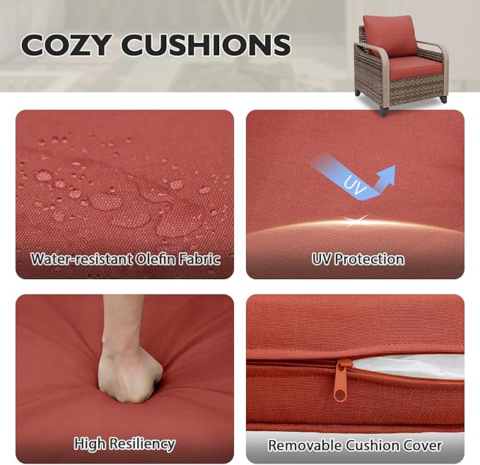 EAGLE PEAK Modern Wicker Outdoor Chair, Patio Chair Curved Armrest, Rattan Patio Furniture for Yard Deck Porch Garden, 2 Chairs 2 Ottomans, 4 Pieces, Brown/Red